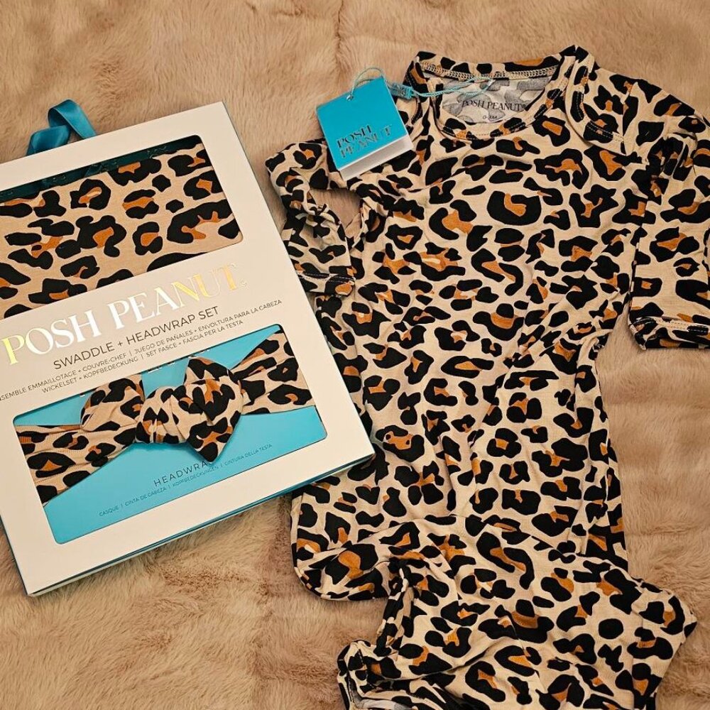 Posh Peanut Bundle - Swaddle/Headwrap/Knotted Gown - Lana Leopard - NWT